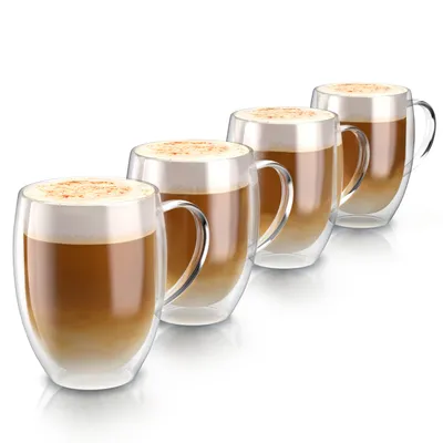 Obrázok produktu pre Arendo dvojstenné poháre s rukoväťou, termo poháre, sada 4, tepelne odolné poháre na latte macchiato a kávu Čajový pohár, espresso, cappuccino, 350 ml