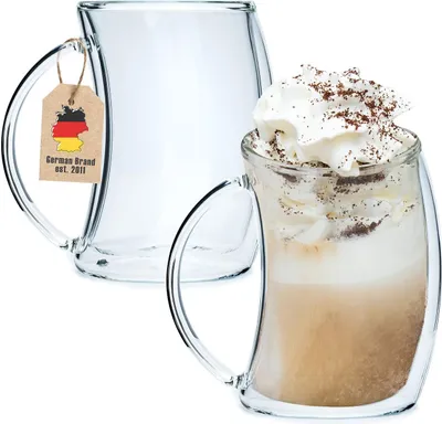 Immagine prodotto di Intirilife 2x bicchiere termico a doppia parete - stile curvo - capacità 200 ml - soffiato a bocca isolato per latte macchiato, come bicchiere da tè o da caffè con manico