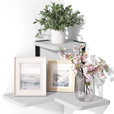 Produktbild von Eckregal, Holz, Hängeregal, Wandregal, Bücherregal, Regaldesign, Metall, Vintage-Landhausstil, massives Paulowniaholz für Schlafzimmer, Wohnzimmer, Flur, Badezimmer usw. Weiß