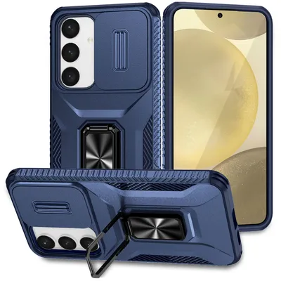 A product shot of a blue phone case with a ring holder and camera cover, displayed from multiple angles.