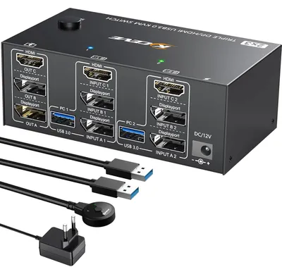 Imagen del producto de Conmutador KVM, USB 3.0, para 2 ordenadores, 3 monitores, resolución 8K a 60Hz, 4K a 144Hz