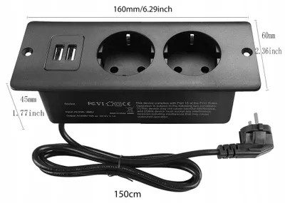 Image de Prise murale encastrée - 2 prises - 2 ports USB-A - Pour la maison, les bureaux, les restaurants et les hôtels - 1,5 m