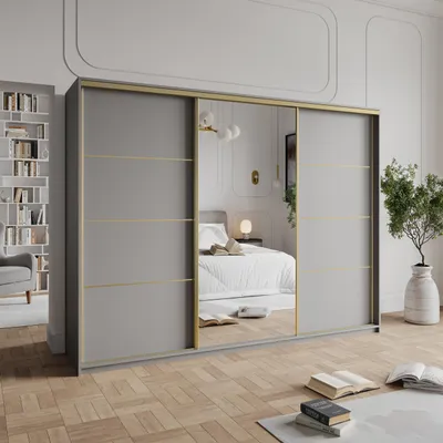 Produktbild von Masseno Schiebetürenschrank VARO 270/205/60 cm Kleiderschrank mit Schubladen Schlafzimmer Schrank 3-türig mit Spiegel Graphitfarben + Gold