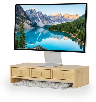 Produktbild von Relaxdays Monitorständer, 3 Schubladen, HxBxT: 12,5 x 51 x 24 cm, MDF, Monitorerhöhung Schreibtisch, PC Ständer, natur