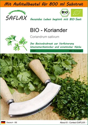 Produktbild von SAFLAX - Garden in the Bag - BIO - Koriander - 150 Samen - Mit Anzuchtsubstrat im praktischen, selbst aufstellenden Beutel - Coriandrum sativum