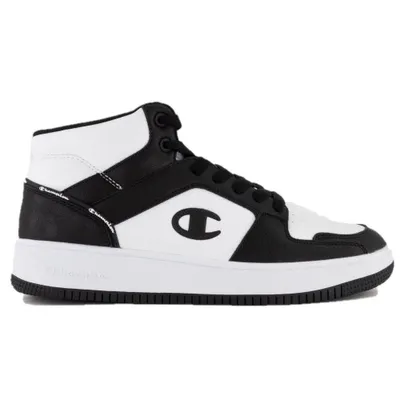 A studio shot of a black and white Champion Rebound 2.0 MID shoe.