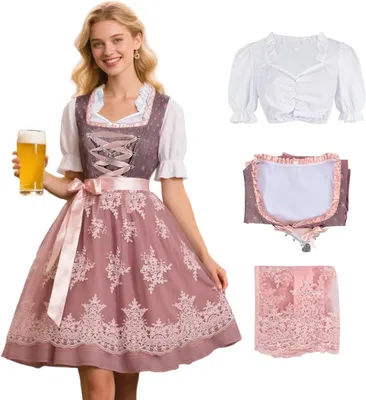 Immagine prodotto di Abito dirndl per l', modello tradizionale bavarese con pizzo, rosa, taglia S