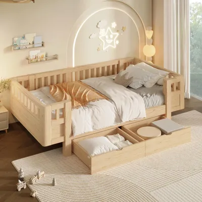 Produktbild von Plattformbett mit hohem Schutzgitter 2 Schubladen Massivholz stabil, 90x200 cm holzfarbe