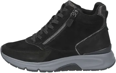 A black women's bootie with a gray sole is shown from the side against a white background.