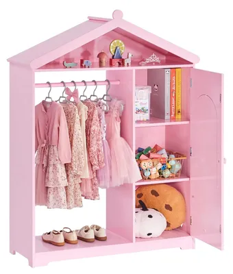 Produktbild von Kinderkleiderschrank - Verkleidungsschrank - 85 x 31 x 113,5 cm - Mit Spiegel - Mit Kleiderstange und Ablagen - MDF Holz - Schranktür - Für Kostüme und Mädchenzimmer - Rosa
