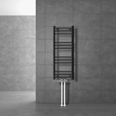 Produktbild von LuxeBath Badheizkörper Mittelanschluss 300 x 800 mm Anthrazit gerade mit Anschlussgarnitur inkl. Thermostat Durchgang Boden Heizkörper , ohne Heizstab