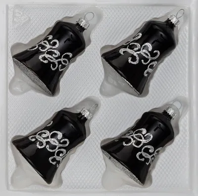 Produktbild von 4 tlg. Glas-Glocken Set in Hochglanz-Schwarz-Silberne-Ornamente