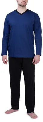 Produktbild von Moonline - Herren Schlafanzug lang aus 100% Baumwolle mit V-Ausschnitt und Streifen-Design ; blau , M