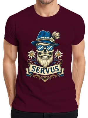 Produktbild von Servus Totenkopf Bart Trachtenhut Edelweiss Bayern Lederhose Herren T-Shirt, Burgundy, 3XL