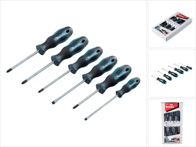 A set of screwdrivers arranged diagonally on a white background, with additional product images in smaller frames to the right.