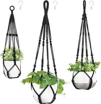 Produktbild von Mkouo 3er Set Makramee Blumenampel Pflanzenhänger Innen Pflanzkorb Hängender Blumentopfhalter Baumwollseil mit Perlen ohne Quasten, 58cm/73cm/89cm, Schwarz