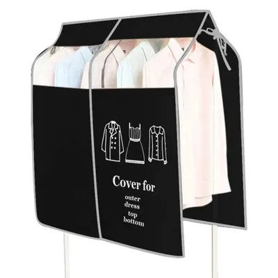A black garment bag with a transparent window, covering several items of clothing on hangers. The bag has white line drawings of garments and text on the front.