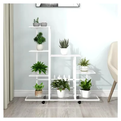 Produktbild von Blumenständer mit Rad, 94,5 x 25 x 92,5 cm, weißes Metall