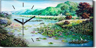 Produktbild von Dekor Leinwand Uhr Wandbilder 60x30 Gemälde Fluss Bäume Blumen Hügel Landschaft - schwarze Hände