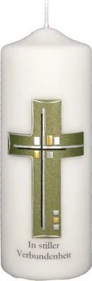Produktbild von Trauerkerze "Kreuz olivgrün, Dekor gold-silber" 220 x 80 mm mit Klarsichtkarton