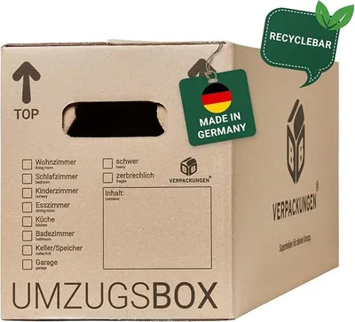 Imagen del producto de 30 cajas de cartón para mudanzas, modelo UMZUGSBOX, de 632 x 288 x 330 mm, de doble capa (30 unidades). Fabricadas con cartón 100% reciclado, con base reforzada y tres capas de refuerzo en los mangos