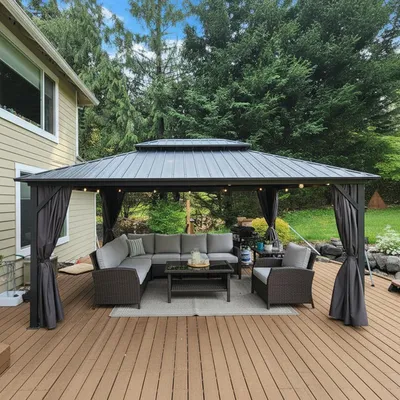 Produktbild von PURPLE LEAF Economy Hardtop Pavillon 4,85x3,65 m wasserdicht, winterfest und stabil für den Garten, Grau,mit Beleuchtung