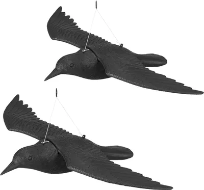 Produktbild von Relaxdays Vogelschreck Krähe, Taubenabwehr, 2 Stück, realistisch, fliegend, aus PE, wetterbeständig, 58 cm Flügelspannweite, 41 cm Länge, 8 cm Höhe