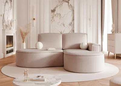 Productafbeelding van Designbank, model ARLET, in stof Riviera, kleur beige. Hoekbank met ottoman aan de rechterkant