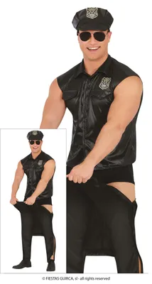 Productafbeelding van y politiepak voor heren, zwart, met politiepet. Politieuniform, geschikt voor verkleedpartijen, vrijgezellenfeesten, carnaval en andere gelegenheden. Maat: 48 - 50 (M). Kleur: Zwart