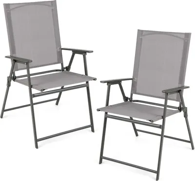Immagine prodotto di Set di 2 sedie da giardino pieghevoli, portatili e con braccioli, ideali per balconi, con schienale ergonomico, adatte anche per campeggio, con capacità di carico fino a 150 kg