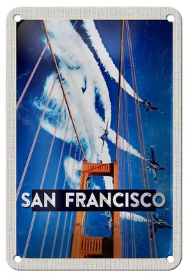 Produktbild von Blechschild Reise 12x18cm San Francisco Brücke Flugzeug Himmel Schild