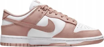 A side view of a Nike Dunk Low sneaker in white and pink.