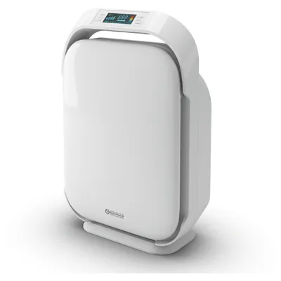 A white air purifier with a digital display on a white background.