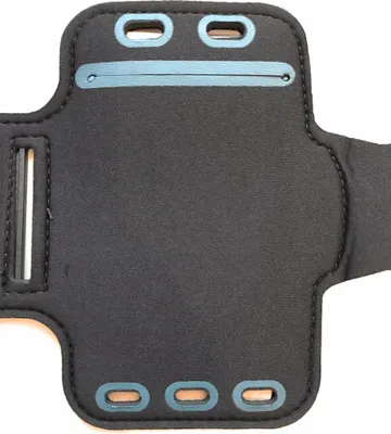 A black sport armband with blue accents, shown flat against a white background.
