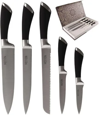 A set of five kitchen knives displayed with a presentation box.