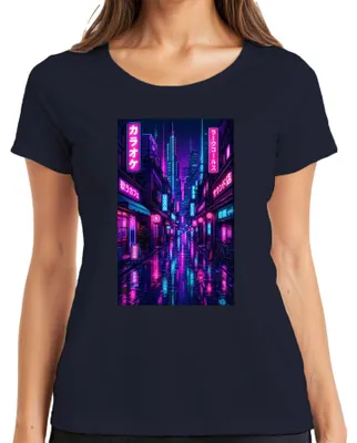 Zdjęcie produktu dla Cyberpunkowa koszulka damska z motywem Tokio, noc, neon, Japonia, styl Y2K, vaporwave, kolor granatowy, rozmiar S