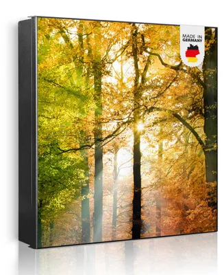 Produktbild von banjado Schlüsselkasten aus Metall, 30x30cm groß mit 32 Haken, als Magnettafel nutzbar, Korpus schwarz, Anschlag rechts, Herbstwald [SKG1 10041]