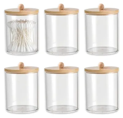 Produktbild von Box mit 6 Wattestäbchen, Kosmetik-Organizer aus Acryl, Box für Ohrstäbchen mit Bambusdeckel, Badezimmer-Aufbewahrungsbox für Kosmetikartikel, kleine Box für Wattestäbchen, Schmuck, Zahnseide