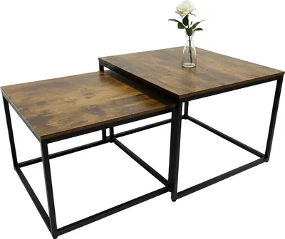 Produktbild von Relaxdays Satztisch 2er Set, Industrial Design, 65 cm & 75 cm, Holzoptik & Metall, eckige Beistelltische, braun/schwarz