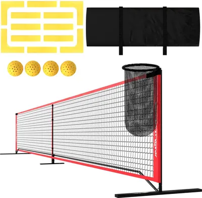 Zdjęcie produktu dla Przenośny zestaw do gry w piłkę pickleball System do gry w piłkę pickleball 6,7 m z siatką, zestaw do znakowania boiska, zbieracz piłek, cztery piłki i torba do noszenia na zewnątrz, podjazd