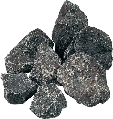 A pile of dark gray rocks with lighter gray veins against a white background.