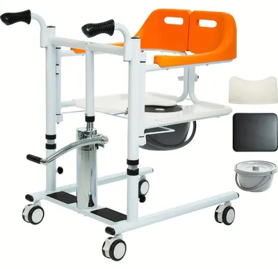 Produktbild von Hydraulischer Transferstuhl - Toiletten- und Duschstuhl für Senioren - Sitzhöhe 45–65 cm - 180° geteilter Sitz - 150 kg Tragkraft - Mit Rollen - Weiß