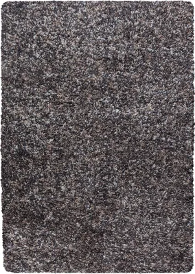 A close-up, top-down view of a shaggy rug with a mottled gray, brown, and black color scheme.