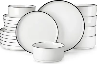 Zdjęcie produktu dla Zestaw naczyń MALACASA, elegancka ceramika, opcje 12-36 elementów, czarny brzeg, 32 SZTUKI