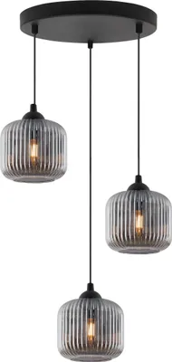 Image de Suspension RIFFLE noire à 3 ampoules, cylindre en verre gris E27