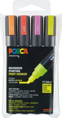 Obrázok produktu pre POSCA PC-5M, Oranžová, Ružová, Červená, Žltá, Viacfarebný, 4 farba/farieb, Stredná, atrament s vodným základom, Guličkové zakončenie