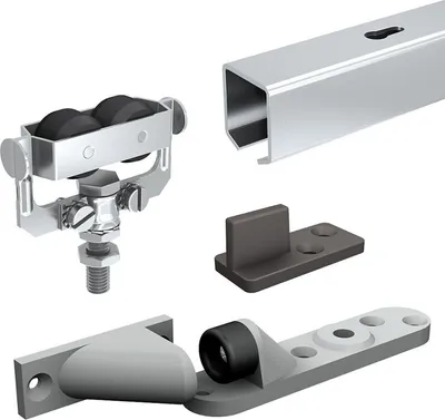 A collection of sliding door hardware components, including a track, a roller assembly, and floor guides, arranged on a white background.