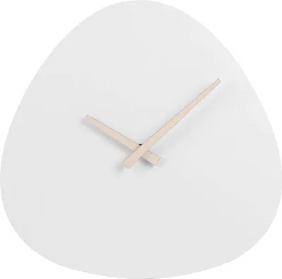 A white, organically shaped wall clock with two light-colored hands.