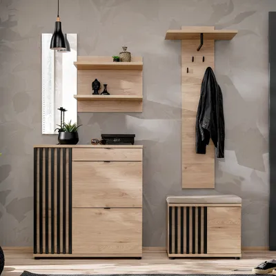 Produktbild von Garderobenset inkl. Sitzkissen 4-teilig in Kastanienholz mit schwarzen Lamellen, POLICORO-164