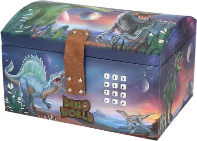 Produktbild von Depesche 13441 Dino World - Schatztruhe im Dino Design mit Planeten, Aufbewahrungsbox mit Code, Sound und Licht